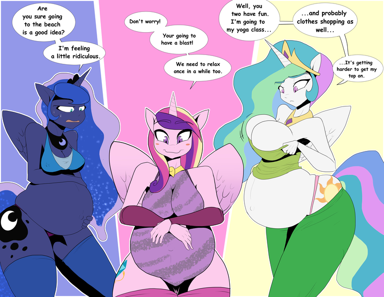 Size: 6400x4961 | Tagged: questionable, artist:vale-city, derpibooru import, princess cadance, princess celestia, princess luna, anthro, absurd resolution, belly, belly button, big belly, bikini, blushing, breasts, busty princess cadance, busty princess celestia, busty princess luna, cleavage, clothes, female, holding belly, image, jpeg, moonbutt, preglestia, pregluna