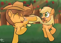 Size: 1500x1071 | Tagged: safe, artist:mister-markers, derpibooru import, applejack, caramel, earth pony, pony, accessory theft, carajack, female, hair tie, hat, male, shipping, straight