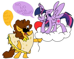 Size: 1024x821 | Tagged: safe, artist:dizzee-toaster, derpibooru import, cheese sandwich, twilight sparkle, twilight sparkle (alicorn), alicorn, pony, balloon, clothes, cloud, costume, dialogue, female, food, frown, gritted teeth, mare, quesadilla, simple background, spread wings, they're just so cheesy, transparent background