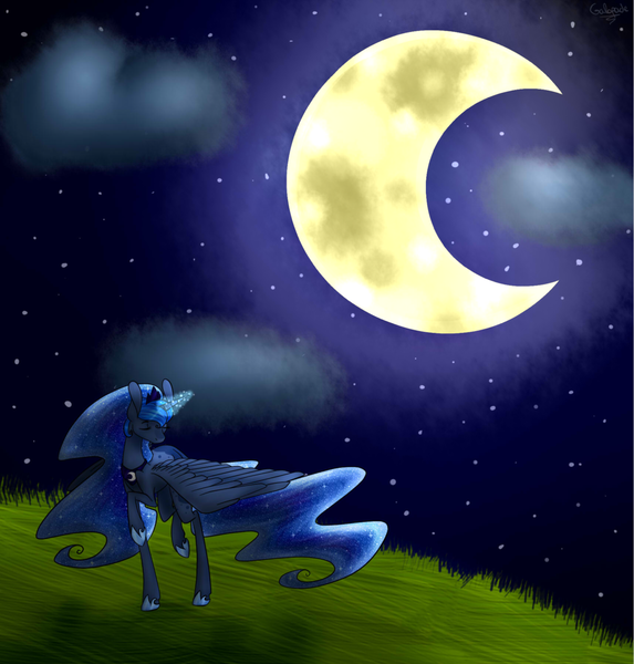 Size: 1024x1073 | Tagged: artist:galopade, derpibooru import, eyes closed, magic, moon, moonrise, night, princess luna, raised hoof, safe, solo