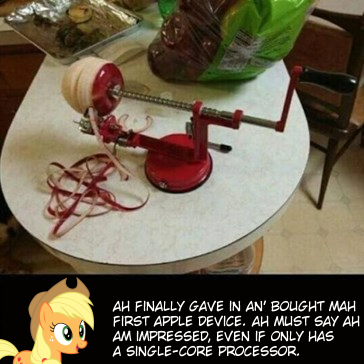 Size: 364x364 | Tagged: applejack, apple peeler, derpibooru import, edit, image macro, meme, obligatory pony, pun, safe, solo