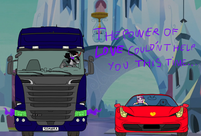 Size: 4724x3201 | Tagged: 4chan, artist:animanatole, car, dark magic, derpibooru import, ferrari, ferrari 458 italia, hypercar, king sombra, magic, /mlp/, princess cadance, safe, scania, scania r-series streamline, sombra eyes, supercar, truck