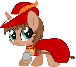 Size: 1130x998 | Tagged: safe, artist:lupulrafinat, derpibooru import, oc, unofficial characters only, pony, unicorn, cape, chibi, clothes, cute, hat, looking at you, ocbetes, raised hoof, rapier, red mage, simple background, smiling, solo, sword, transparent background, weapon