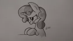 Size: 1024x579 | Tagged: artist:chrispy248, derpibooru import, monochrome, safe, solo, sweetie belle, traditional art