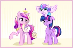 Size: 3785x2533 | Tagged: safe, artist:kas92, derpibooru import, princess cadance, princess flurry heart, twilight sparkle, alicorn, pony, spoiler:s06, aunt and niece, baby, baby alicorn, baby flurry heart, baby pony, blue diaper, cloth diaper, cute, dawwww, diaper, diapered, diapered filly, female, filly, looking down, looking up, one eye closed, safety pin, sisters-in-law, wink