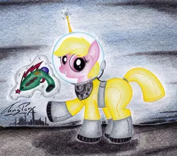 Size: 1024x901 | Tagged: safe, artist:thechrispony, derpibooru import, oc, oc:puppysmiles, unofficial characters only, earth pony, pony, fallout equestria, fallout equestria: pink eyes, fanfic, fanfic art, female, filly, foal, gun, hazmat suit, hooves, levitation, looking at you, magic, sentenza, smiling, solo, teeth, telekinesis, traditional art, weapon