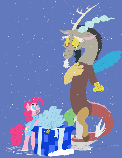 Size: 2000x2600 | Tagged: safe, artist:valcron, derpibooru import, discord, pinkie pie, draconequus, earth pony, pony, christmas, clothes, commission, crying, discopie, female, hearth's warming eve, male, present, scarf, shipping, snow, snowfall, statued discord, straight