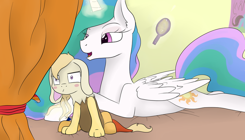 Size: 4200x2400 | Tagged: artist:kaleysia, bed, bonding, brush, derpibooru import, hybrid, interspecies offspring, magic, mother and daughter, oc, oc:congerie, offspring, parent:discord, parent:princess celestia, parents:dislestia, princess celestia, prone, safe, telekinesis