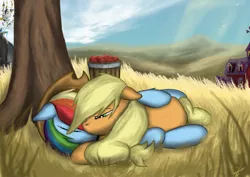 Size: 1320x932 | Tagged: safe, artist:leyanor, derpibooru import, applejack, rainbow dash, apple, appledash, barn, cuddling, female, food, hug, lesbian, shipping, snuggling, sweet apple acres, tree