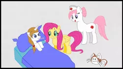 Size: 1024x576 | Tagged: artist:zelgi, bed, derpibooru import, fluttershy, nurse redheart, oc, safe, sick