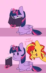 Size: 1280x2040 | Tagged: safe, artist:estrill, derpibooru import, sunset shimmer, twilight sparkle, twilight sparkle (alicorn), alicorn, pony, unicorn, askbookobsessedtwilight, bby, book, chibi, dialogue, female, levitation, magic, mare, prone, telekinesis