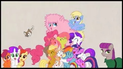 Size: 1024x576 | Tagged: safe, artist:zelgi, derpibooru import, apple bloom, applejack, derpy hooves, fluttershy, maud pie, pinkie pie, rainbow dash, rarity, scootaloo, sweetie belle, twilight sparkle, twilight sparkle (alicorn), oc, oc:fluffle puff, alicorn, pony, cutie mark crusaders, female, mane six, mare