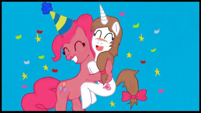 Size: 1024x576 | Tagged: artist:zelgi, blushing, derpibooru import, hug, oc, pinkie pie, safe