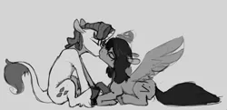 Size: 1155x559 | Tagged: safe, artist:enma-darei, derpibooru import, rarity, oc, oc:mortimer hooves, classical unicorn, pegasus, pony, unicorn, :v, cloven hooves, elusive, floppy ears, gay, glasses, grayscale, kissing, leonine tail, male, monochrome, prone, rule 63, shipping, sitting, stallion, unshorn fetlocks