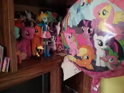 Size: 2592x1944 | Tagged: safe, derpibooru import, applejack, fluttershy, pinkie pie, princess cadance, rainbow dash, rarity, spike, twilight sparkle, equestria girls, balloon, clothes, collection, doll, equestria girls minis, funko, irl, mane six, mylar, photo, plushie, skirt, toy, ty