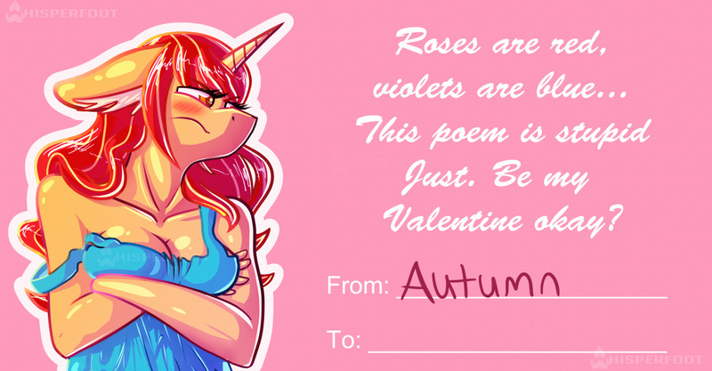 Size: 1280x667 | Tagged: suggestive, artist:whisperfoot, derpibooru import, oc, oc:autumn leaf, unofficial characters only, anthro, unicorn, blushing, breasts, card, clothes, female, frown, poem, solo, tsundere, valentine, valentine's day