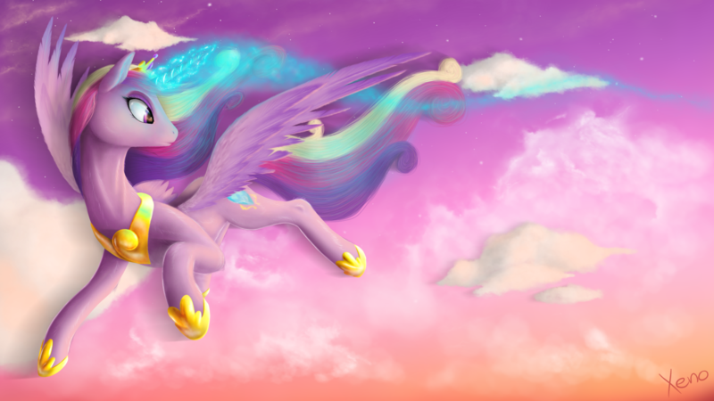Size: 1920x1080 | Tagged: artist:the1xeno1, cloud, derpibooru import, flying, glowing horn, princess cadance, safe, solo