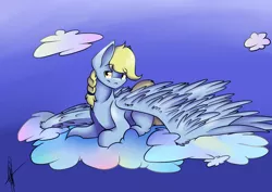 Size: 4092x2893 | Tagged: safe, artist:rimmi1357, derpibooru import, oc, oc:windswept skies, unofficial characters only, pegasus, pony, braid, cloud, image, large wings, looking at you, male, missing accessory, png, prone, solo, stallion, wings