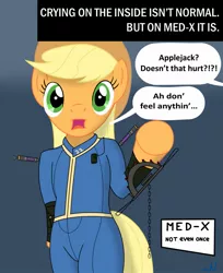 Size: 1047x1280 | Tagged: anthro, applejack, artist:nuka-kitty, bear trap, crying inside, derpibooru import, drug use, fallout, funny, hat, med-x, not even once, ouch, part of a set, pipbuck, safe, speech bubble, text, vault suit