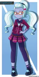 Size: 834x1622 | Tagged: safe, artist:the-butch-x, derpibooru import, sugarcoat, equestria girls, friendship games, blushing, bowtie, clothes, crystal prep academy uniform, female, glasses, hand on hip, nail polish, pigtails, plaid skirt, pleated skirt, school uniform, shoes, signature, skirt, socks, solo