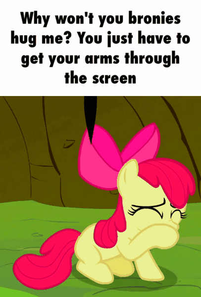 Size: 450x665 | Tagged: safe, derpibooru import, edit, edited screencap, screencap, apple bloom, the cutie pox, animated, brony, bronybait, caption, cropped, crying, gif with captions, hug request, solo
