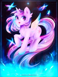 Size: 2222x2922 | Tagged: safe, artist:koveliana, derpibooru import, twilight sparkle, twilight sparkle (alicorn), alicorn, butterfly, pony, chromatic aberration, color porn, female, mare, solo, starry eyes, stars, wingding eyes