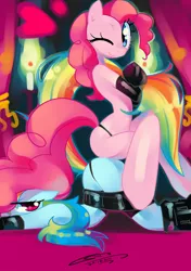 Size: 1000x1417 | Tagged: suggestive, artist:iopichio, derpibooru import, pinkie pie, rainbow dash, anthro, unguligrade anthro, arm hooves, bondage, butt bump, butt to butt, butt touch, clothes, domination, face down ass up, female, femdom, forniphilia, gloves, latex, lesbian, living object, one eye closed, panties, pinkiedash, shipping, smiling, underwear, wink