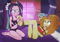 Size: 1024x718 | Tagged: dead source, suggestive, artist:radiantrealm, derpibooru import, adagio dazzle, aria blaze, equestria girls, rainbow rocks, adaria, barefoot, belly button, bikini, blushing, bondage, breast bondage, breasts, busty adagio dazzle, busty aria blaze, clothes, domria, evil grin, feet, female, females only, foot fetish, lesbian, lingerie, panties, ropes, shipping, show accurate, show accurate porn, subdagio, swimsuit, tickle torture, tickling, underwear