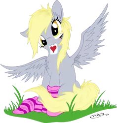 Size: 1024x1080 | Tagged: safe, artist:corvostawr, artist:midnightblitzz, derpibooru import, derpy hooves, pegasus, pony, :3, blushing, clothes, cute, female, looking at you, mare, simple background, sitting, smiling, socks, solo, spread wings, striped socks, transparent background, vector