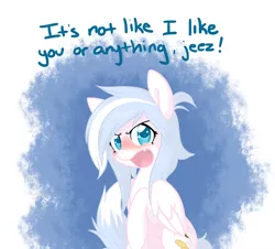 Size: 1132x1024 | Tagged: safe, artist:biscuitmango, derpibooru import, oc, oc:sugar cloud, unofficial characters only, pegasus, pony, ask sugar cloud, blatant lies, blushing, solo, tsundere