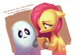 Size: 1940x1421 | Tagged: artist:erudier, crossover, derpibooru import, duo, engrish, fluttershy, folded wings, ghost, headphones, holding, napstablook, safe, text, undertale