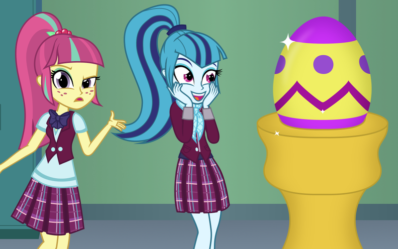 Size: 1120x700 | Tagged: safe, artist:bootsyslickmane, derpibooru import, sonata dusk, sour sweet, fanfic, fanfic:the shadowbolts adventures, equestria girls, friendship games, alternate costumes, clothes, confused, crystal prep academy, crystal prep academy uniform, crystal prep shadowbolts, easter, easter egg, egg, excited, fanfic art, irrational exuberance, looking at you, ponytail, school uniform, skirt, smiling, wat