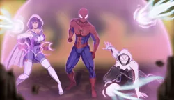 Size: 4571x2643 | Tagged: action pose, amethyst sorceress, artist:jeyrablue, clothes, costume, crossover, derpibooru import, force field, gwen stacy, hoodie, human, humanized, peter parker, safe, spider-gwen, spider-man, spiders and magic: rise of spider-mane, superhero, trio, twilight sparkle