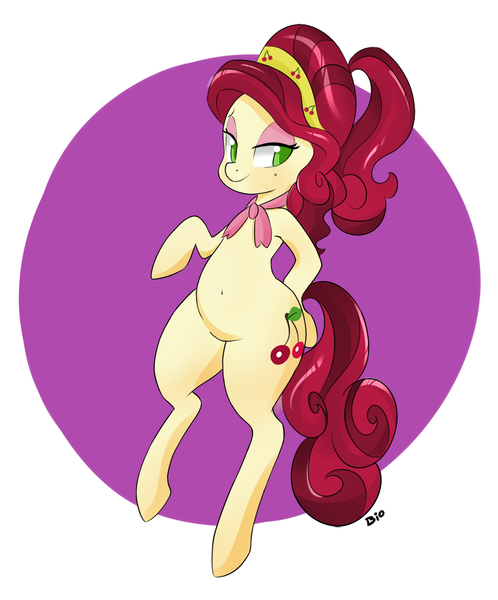 Size: 927x1117 | Tagged: safe, artist:hidden-cat, derpibooru import, cherry jubilee, pony, belly button, bipedal, solo