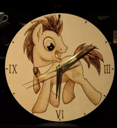 Size: 1280x1403 | Tagged: safe, artist:horseez, derpibooru import, doctor whooves, time turner, pony, clock, craft, male, pyrography, stallion, woodwork