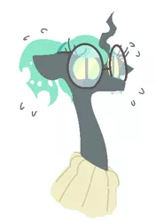 Size: 363x515 | Tagged: artist:nobody, braces, changeling, changeling queen, clothes, derpibooru import, dork, dorkalis, female, glasses, lineless, looking at you, nerd, queen chrysalis, safe, simple background, solo, sweater, white background