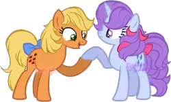 Size: 946x567 | Tagged: safe, artist:skulifuck, derpibooru import, applejack (g1), sparkler (g1), earth pony, pony, duo, female, g1, g1 to g4, generation leap, holding hooves, mare, simple background, transparent background, watermark