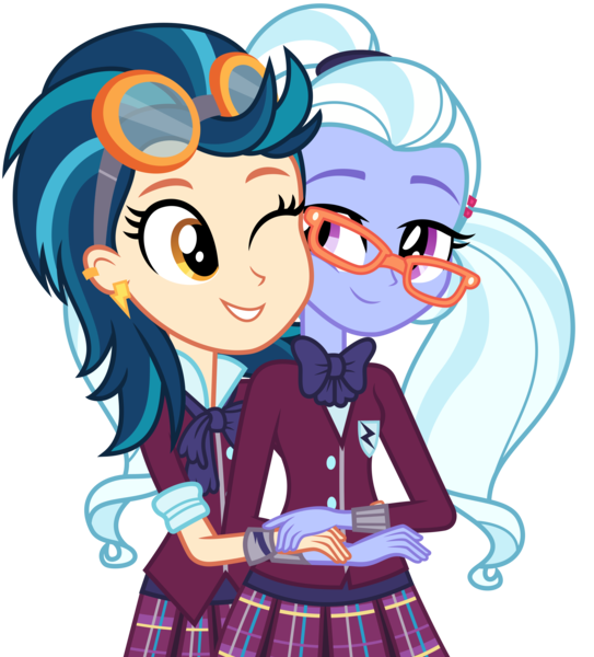 Size: 3000x3315 | Tagged: safe, artist:ambassad0r, derpibooru import, indigo zap, sugarcoat, equestria girls, friendship games, clothes, crystal prep academy, crystal prep academy uniform, crystal prep shadowbolts, ear piercing, female, glasses, goggles, lesbian, necktie, one eye closed, piercing, pleated skirt, school uniform, shipping, simple background, skirt, smiling, sugarzap, transparent background, vector, wink, wristband