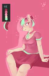 Size: 900x1391 | Tagged: anthro, artist:aquaticsun, clothes, coco pommel, derpibooru import, food, limited palette, safe, sitting, solo, watermelon