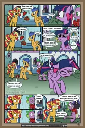 Size: 1024x1536 | Tagged: safe, artist:burning-heart-brony, derpibooru import, flash sentry, spike, sunset shimmer, twilight sparkle, twilight sparkle (alicorn), alicorn, pony, comic:friendship isnt canon, awkward, bow, bowtie, chocolate, comic, crying, female, food, glasses, hair bow, hearts and hooves day, implied flashlight, implied sparity, implied sunsetspike, mare, ponytail