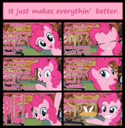 Size: 1600x1634 | Tagged: angel bunny, artist:phucknuckl, comic, derpibooru import, food, pie, pink, pinkie pie, pink text, safe