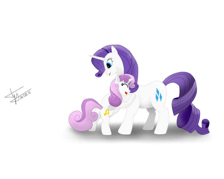 Size: 1280x1024 | Tagged: safe, artist:skitsniga, derpibooru import, rarity, sweetie belle, alternate cutie mark, hug, simple background, white background