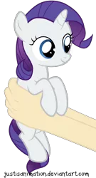 Size: 3778x6972 | Tagged: safe, artist:justisanimation, derpibooru import, rarity, human, pony, unicorn, cute, female, filly, filly rarity, hand, holding a pony, justis holds a pony, offscreen character, raribetes, simple background, smiling, solo focus, transparent background, vector, younger