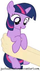 Size: 3472x6097 | Tagged: safe, artist:justisanimation, derpibooru import, twilight sparkle, human, pony, unicorn, cute, female, filly, filly twilight sparkle, hand, holding a pony, justis holds a pony, offscreen character, simple background, solo, transparent background, twiabetes, vector, younger