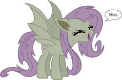 Size: 3000x1968 | Tagged: safe, artist:doctor-g, derpibooru import, fluttershy, bat pony, pony, cute, eyes closed, fangs, female, flutterbat, flutteryay, hissing, mare, race swap, shyabates, shyabetes, simple background, solo, speech bubble, spread wings, standing, transparent background, vector, yay