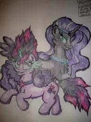 Size: 774x1032 | Tagged: safe, artist:shelby100, derpibooru import, nightmare rarity, twilight sparkle, ponified, pony, equestria girls, friendship games, equestria girls ponified, midnight sparkle, traditional art