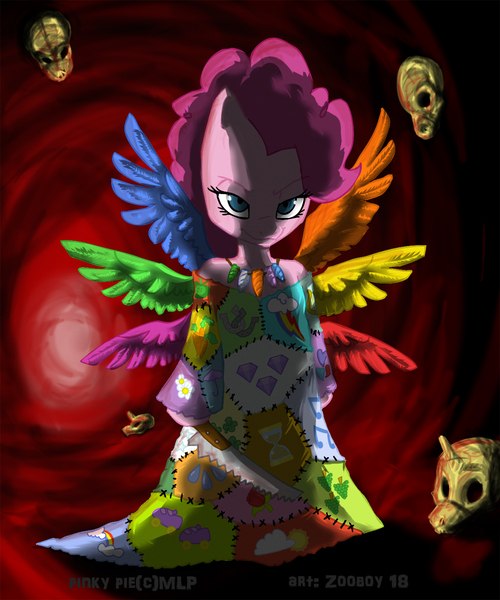 Size: 945x1134 | Tagged: grimdark, artist:zooboy18, derpibooru import, pinkie pie, pony, fanfic:cupcakes, artifact, bipedal, cutie mark dress, skull, solo