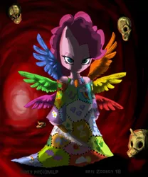 Size: 945x1134 | Tagged: grimdark, artist:zooboy18, derpibooru import, pinkie pie, pony, fanfic:cupcakes, artifact, bipedal, cutie mark dress, skull, solo