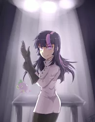 Size: 2329x3000 | Tagged: artist:johnyho, clothes, derpibooru import, gloves, human, humanized, lab coat, magic.mov, .mov, safe, solo focus, spike, twilight sparkle