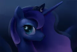 Size: 1200x800 | Tagged: safe, artist:bluedrg19, derpibooru import, princess luna, alicorn, pony, bust, female, horn, jewelry, looking at you, mare, portrait, profile, regalia, smiling, solo, tiara